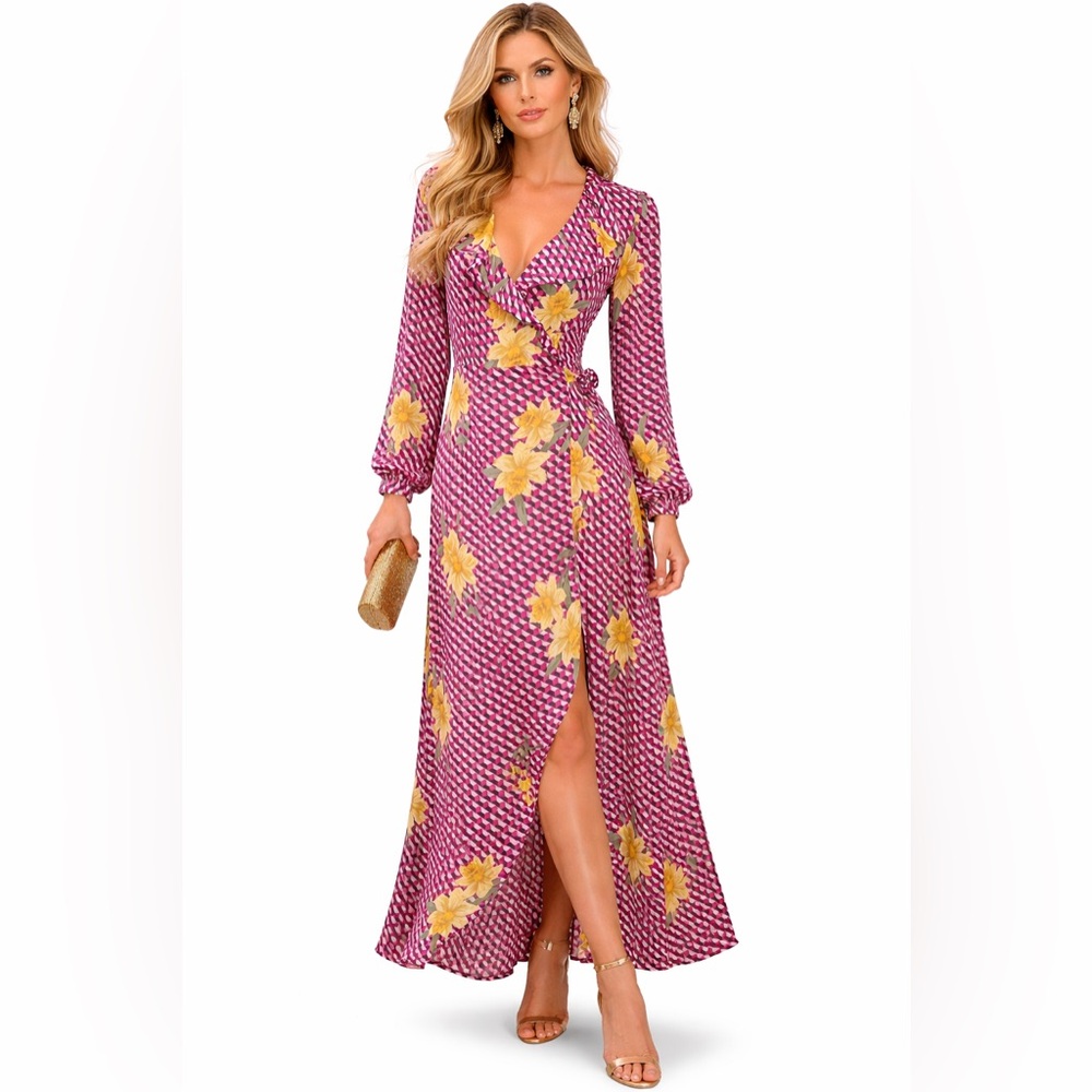 Karen Millen Wrap Maxi Dress Long Sleeve Size 6 Romantic Vacation Wedding Guest